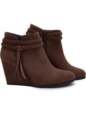 Women's Chocolate Wedge Ankle Boots Braided Fringe Strap Western Heel Booties